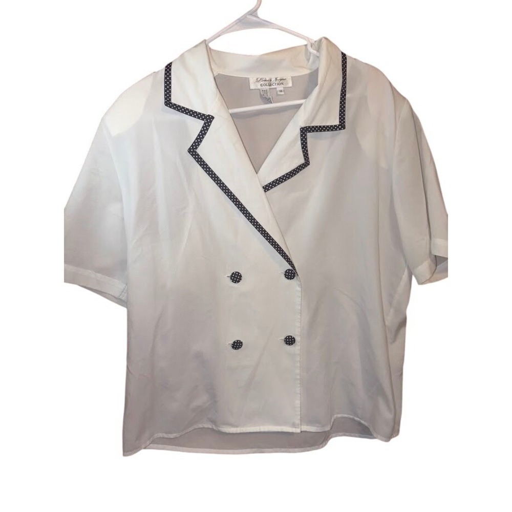 Laura Jayne Collection White Double Breasted Blouse Polka Dot Trim Vintage Sz 14